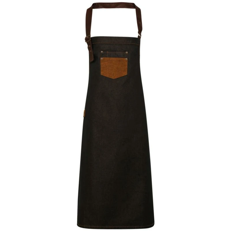 Division - Waxed look denim bib apron with faux leather